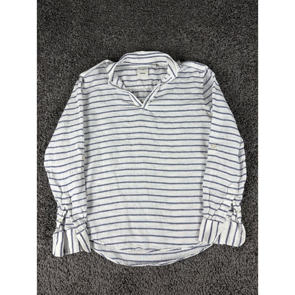 Murano Baird McNutt Linen Stripe Tunic Top Blue White Long Sleeve Womens Small